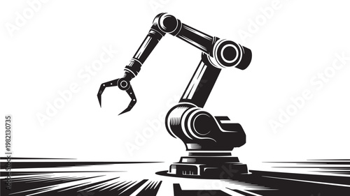 Black vector illustration of an industrial robotic arm symbolizing automation, manufacturing, artificial intelligence, robotics engineering, and modern factory production systems