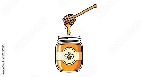 Jar of organic golden honey with bee label and wooden dipper dripping nectar into container on white background.