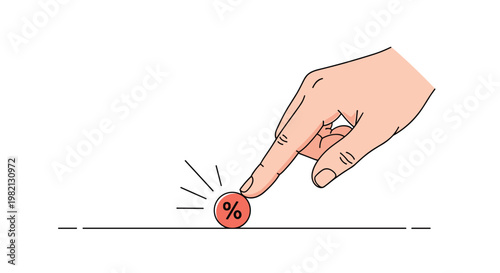 Person pressing red circular button with percentage symbol for online shopping discount or financial investment choice.
