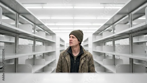 Man Standing in Empty Warehouse Aisles Looking Up.