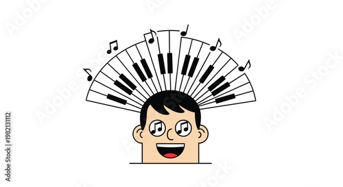 Creative portrait of man with piano keys hair and musical note eyes smiling against simple white background.