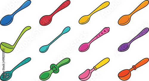 Colorful spoon and baby feeding utensil set featuring kitchen tools, toddler spoons, plastic cutlery in playful flat vector illustration style