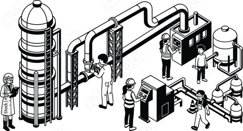 Isometric line art black and white industrial plant with technicians inspecting pipelines and control panels