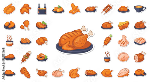 Extensive set of cooked chicken icons featuring whole roasted poultry drumsticks wings and various meat dishes.