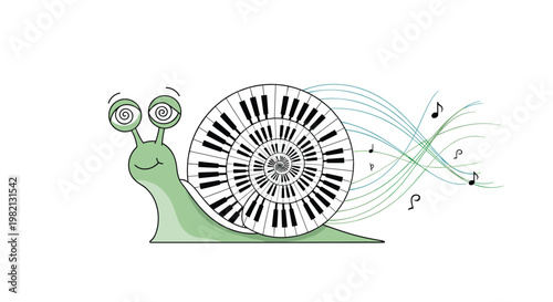 Creative illustration of a green snail with a shell designed as a spiral piano keyboard leaving a trail of musical notes.