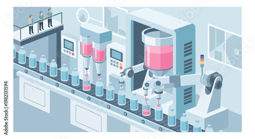 Workers operate industrial machines on a production line filling bottles.
