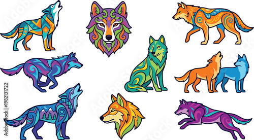 Colorful wolf cartoon set featuring abstract tribal patterns, fantasy animals, vibrant ornamental wolves in modern decorative flat vector illustration style