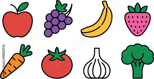 Colorful flat line fruit and vegetable icon set including apple banana strawberry carrot tomato and broccoli vector illustration collection