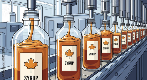 Maple syrup bottles are filled on a production line in a factory.
