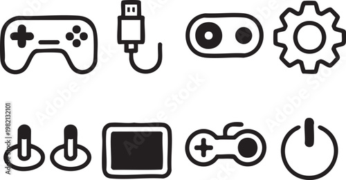 controller line icons gaming joystick gamepad plug camera gear monitor