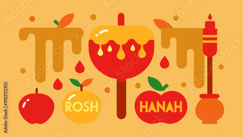 Traditional rosh hashanah symbols with apples, honey, and pomegranates