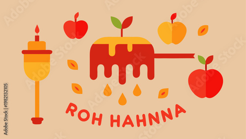 Colorful autumn harvest with fruits and honey jar illustration