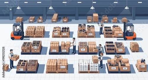Workers unload boxes from forklifts in a busy warehouse loading area with pallets.
