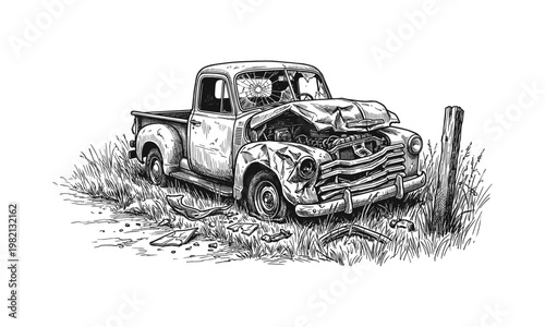 Old vintage crashed pickup truck, hand drawn sketch, vector illustration, abandon car.
