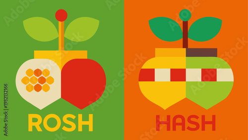 Two mango illustrations labeled rosh and hash for jewish new year