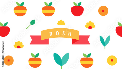 Set of fresh fruits and vegetables arranged with a rose banner