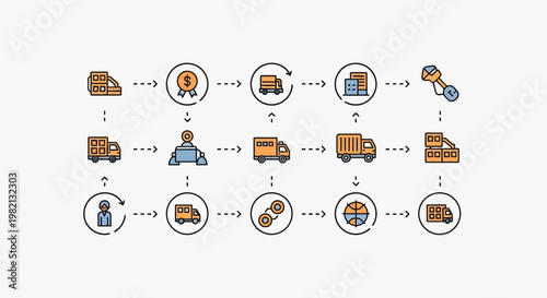 Logistics icons illustrate transportation and delivery process with various vehicles and packages.