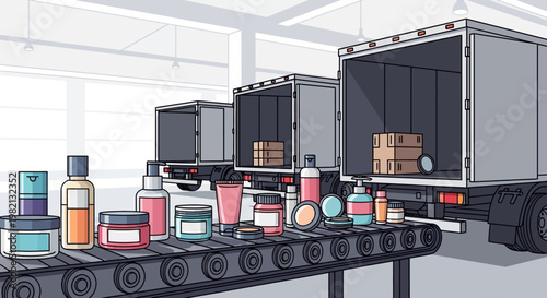 Trucks unload goods on conveyor belt in warehouse with boxes and bottles