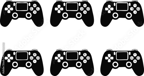 controller gamepads arranged in rows on white background