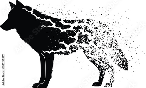 A black silhouette of a wolf dissolving into particles on a white background