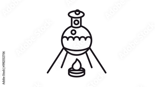 Minimalist black vector icon of a laboratory round-bottom flask being heated over a burner on a tripod stand, symbolizing a chemical experiment, science research, or alchemy process illustration.