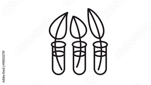Black line art vector illustration of three laboratory test tubes containing plant leaves, symbolizing biotechnology, botanical research, scientific experiments, and ecological studies.