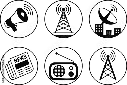 broadcast media communication signal transmission network vector icons
