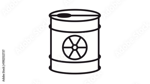 Radioactive waste barrel icon, nuclear hazard drum vector illustration, toxic waste container symbol, black line art of a radioactive barrel for environmental and industrial safety concepts