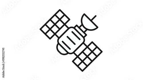Minimalist black line art vector icon of an orbiting space satellite featuring solar panels and a parabolic communication antenna dish, isolated illustration for aerospace and technology.