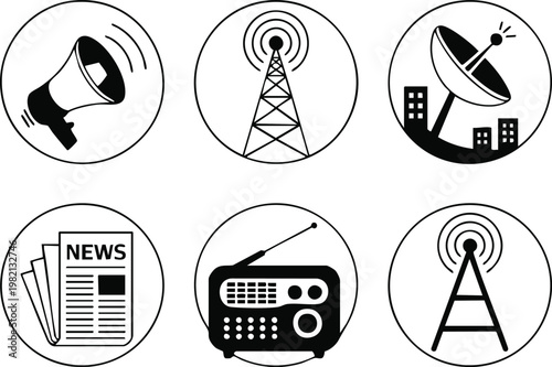 broadcast radio tower satellite newsroom microphone studio icons