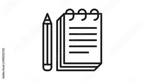 Minimalist black line vector icon illustration of a spiral notebook with lined pages and a pencil, representing writing, note-taking, education, school supplies, office stationery, and planning.
