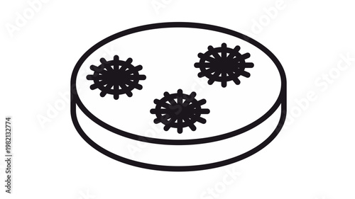 Minimalist black line vector icon illustration of a petri dish with bacteria or virus cultures, symbolizing microbiology, scientific laboratory research, medical testing, and germ analysis.