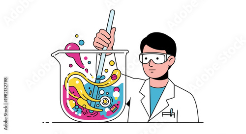 Scientist mixes colorful liquids in a beaker with a pipette in laboratory.