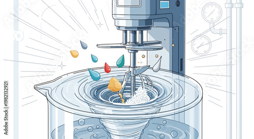 A machine mixes colorful liquids in a large glass container industrially.