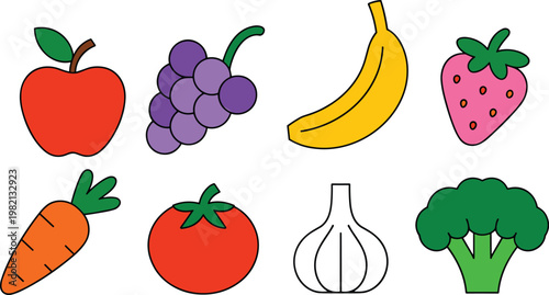 Colorful flat line fruit and vegetable icon set including apple banana strawberry carrot tomato and broccoli vector illustration collection