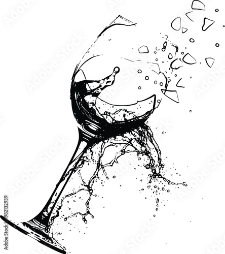 A broken wine glass with shattered pieces flying out