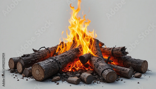 Burning firewood pile with bright orange flames on gray background
