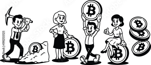Black and white vector art people mining and holding bitcoin coins with stack and pickaxe