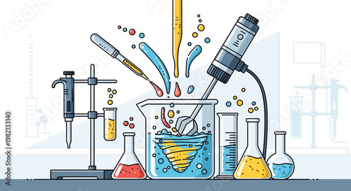 Scientists conduct an experiment with colorful liquids and equipment in a laboratory setting.
