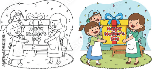 Mother’s Day kids giving gift box to mom cute cartoon vector illustration