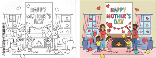 Motherhood is celebrated by a happy family decorating their home with balloons and hearts