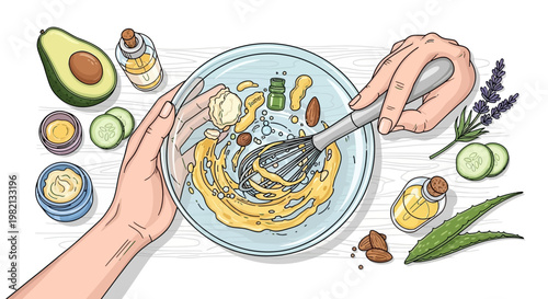 Woman mixes natural ingredients like avocado and lavender in a bowl with her hands.