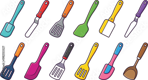 Kitchen spatula and cooking utensil set featuring colorful turners, scrapers, baking tools, household kitchenware in modern flat vector illustration style