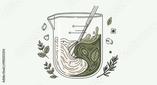 An illustration shows a green tea being mixed in a beaker with a spoon and leaves floating around it.