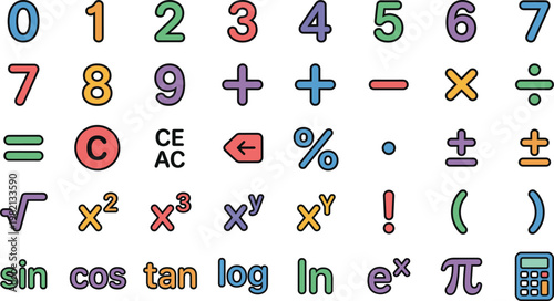 Mathematics symbols and numbers icon set featuring colorful digits, algebra signs, trigonometry functions, calculator elements in modern flat outline vector style