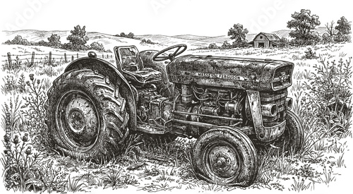 Old Massey Ferguson tractor in grassy field vector illustration engraving style.