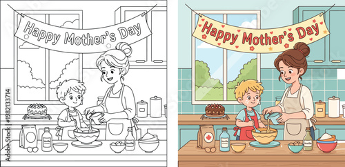 Mothers Day mom and child baking together kitchen cartoon vector outline style