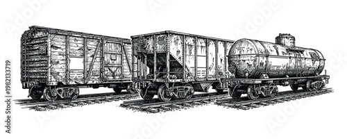 Vintage freight train cars vector illustration on tracks with retro tank wagon.