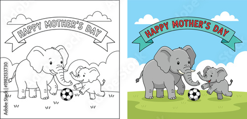 Mothers Day elephant mom playing soccer with baby in cute cartoon vector illustration