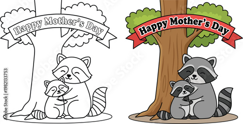 Raccoon mothers day cute raccoon mom hugging baby under tree cartoon illustration